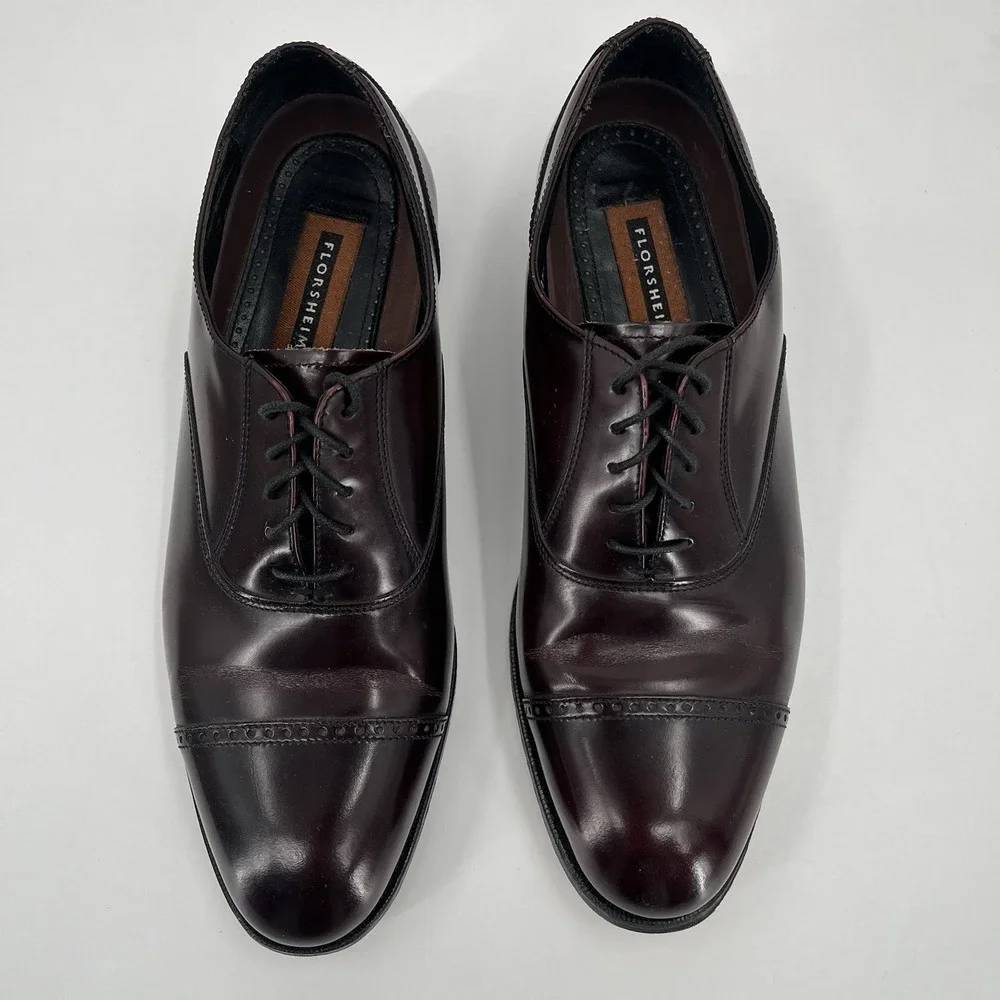 FLORSHEIM Men's 10D Brown Burgundy Leather Oxfords Cap Toe High Shine Dress Shoe